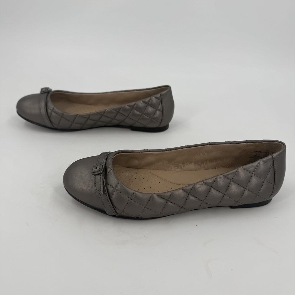 Lands' End Women's 9 Ballet Flats Gray Metallic Quilted Buckle Comfort Shoes